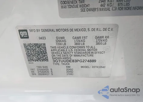 2023 GMC Sierra 1500 4Wd Short Box Slt z USA, uszkodzony, nr VIN 3GTUUDE83PG274889
